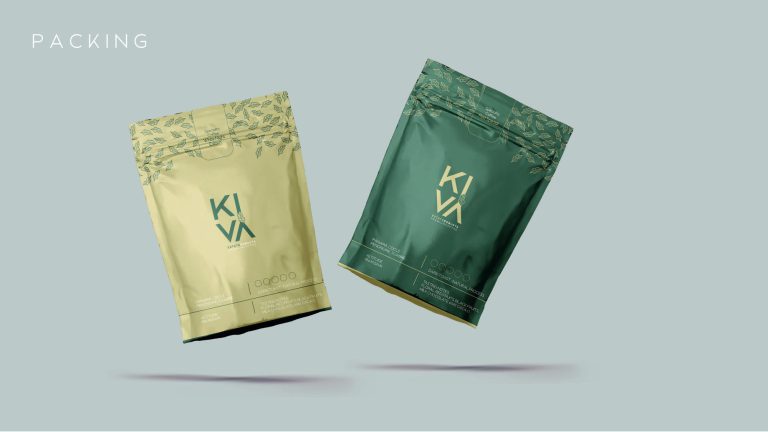 Empaques de Kiva Estate Coffee en crema y verde