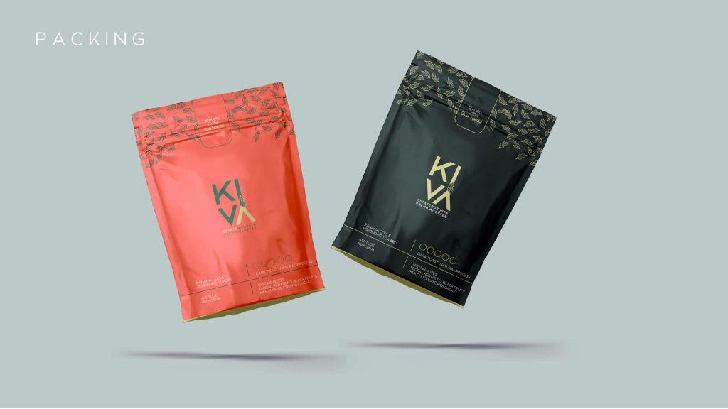 Empaques de Kiva Estate Coffee en coral y negro